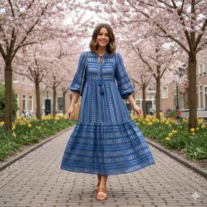 Elan Clara Blue and Metallic Silver Tiered Midi Dress Boho Resort Size Large